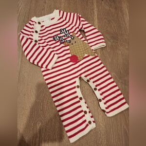 MUD PIE BABY BOY CHRISTMAS REINDEER KNIT ROMPER OUTFIT 3-6M